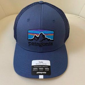 Patagonia Fitz Roy Horizon Blue Trucker Hat Mid Crown One Sz 100% Organic Cotton